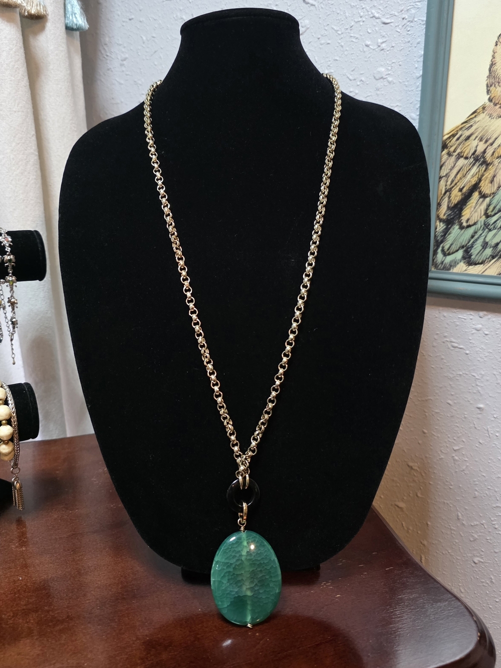 Vintage Chico's Statement Necklace Large Green Crackle Stone Gold Rolo Chain